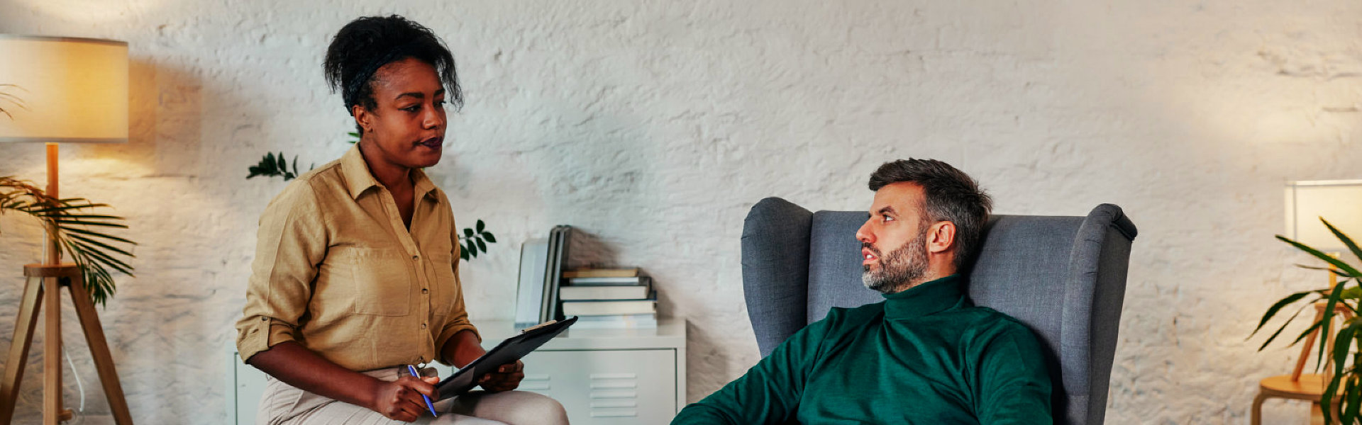 young woman and young man talking